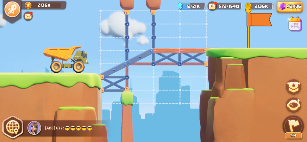A yellow truck preparing to cross a bridge built with steel and wooden beams in a mobile game
