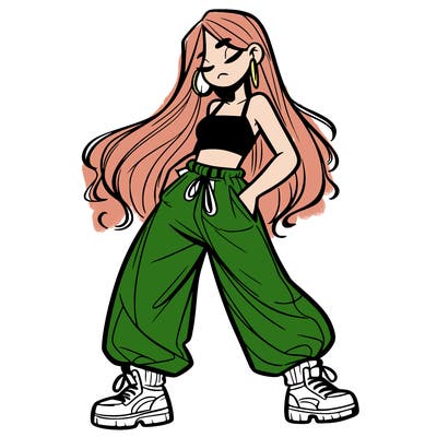 girl in baggy pants crop top and long hair