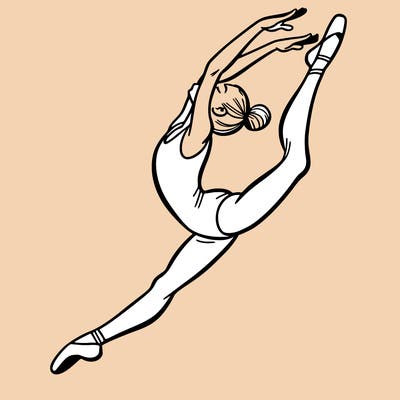 gymnast doing a leap in a leotard with a bent back leg