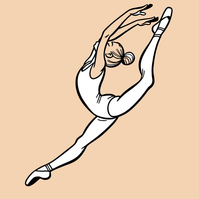 gymnast doing a leap in a leotard with a bent back leg
