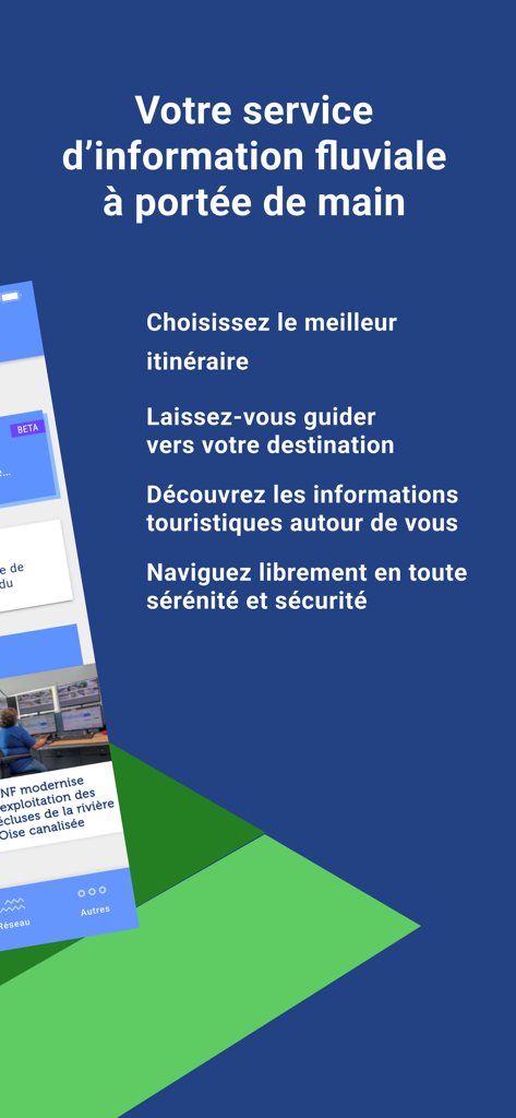 Aperçu des fonctionnalités de l'application Navi VNF pour la navigation fluviale en France, y compris la planification d'itinéraire et les points d'intérêt locaux.