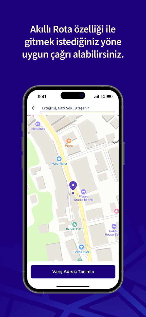Bitaksi Sürücü Uygulaması - Pantalla de smartphone que muestra la interfaz del mapa de la aplicación BiTaksi Driver con la función de ruta inteligente