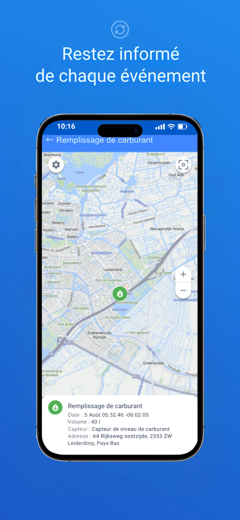 Geoweb.2 Tracking - Pantalla de la aplicación Geoweb.2 Tracking que muestra un evento de repostaje de combustible de un vehículo en un mapa