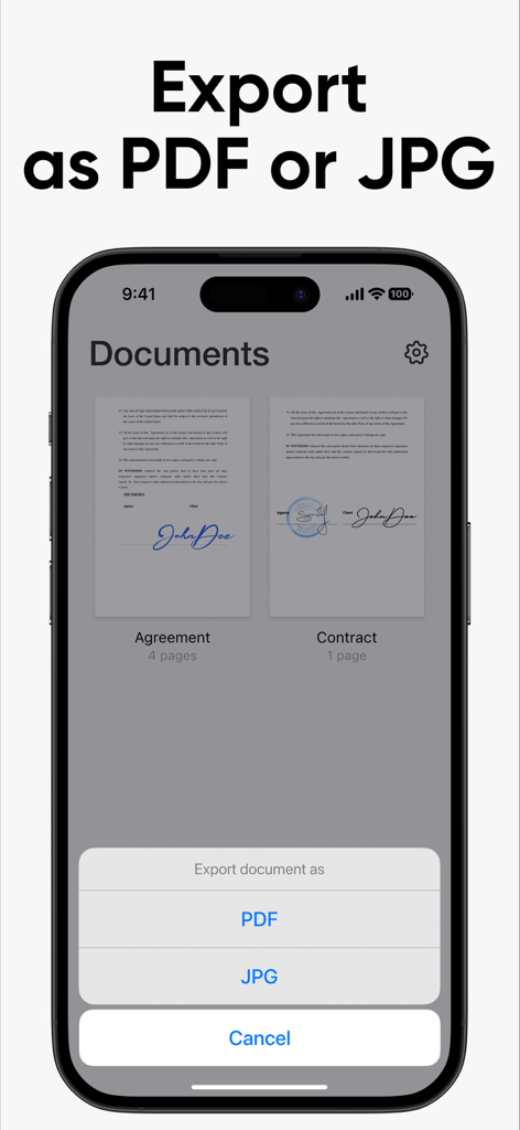 eSign App: Sign PDF Documents - Oberfläche der eSign App, die Optionen zum Exportieren von Dokumenten als PDF oder JPG zeigt