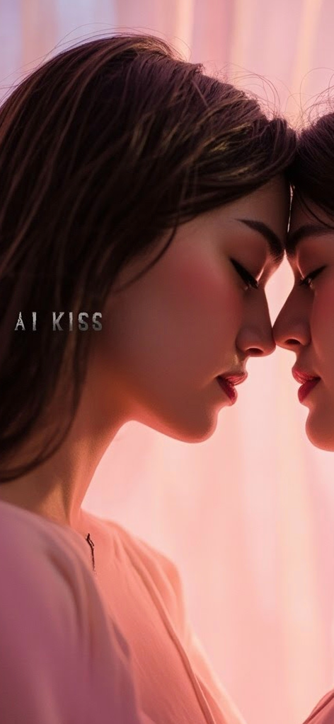 AI-generated image of two women with foreheads touching in warm pink aesthetic lighting