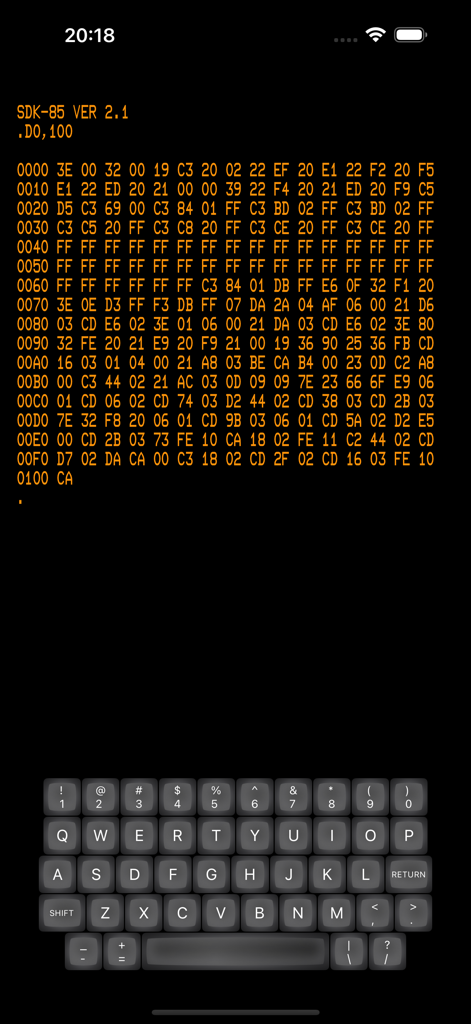 SDK85 - SDK85 emulator TTY mode terminal showing a memory hex dump and a vintage-style keyboard