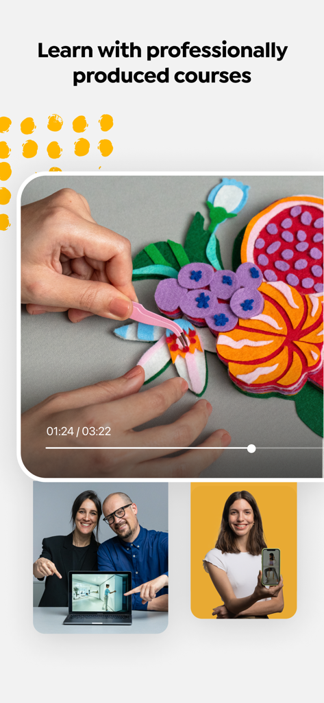Una visualizzazione dell'app Domestika che mostra corsi video di alta qualità per abilità creative come artigianato e design.