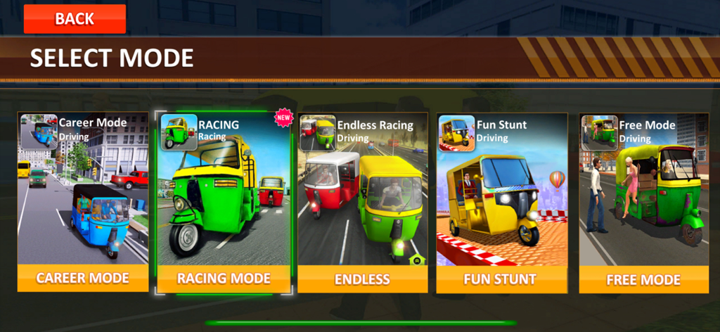 Mode selection screen in Auto Tuk Tuk Driving Games showing career racing and stunt options