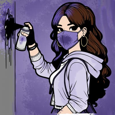 realistic girl with mask spray painting a wall