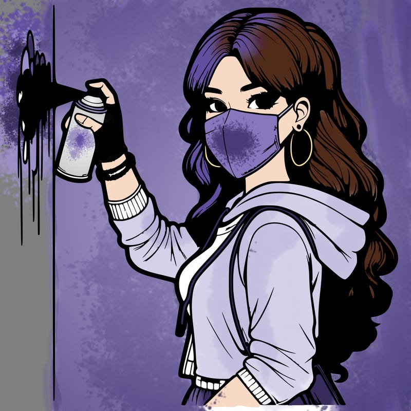 realistic girl with mask spray painting a wall