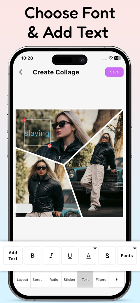 Eine Oberfläche der mobilen App, die einen Collage-Ersteller mit Textbearbeitungswerkzeugen und einem stilvollen Foto-Overlay anzeigt