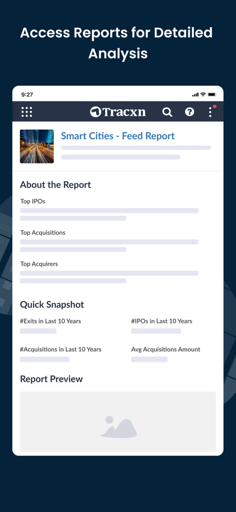 Tracxn - Tracxn mobile app screenshot displaying a detailed sector report for smart cities including IPO and acquisition data.