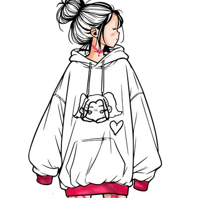 realistic girl with a oversized sweatshirt on and a bun