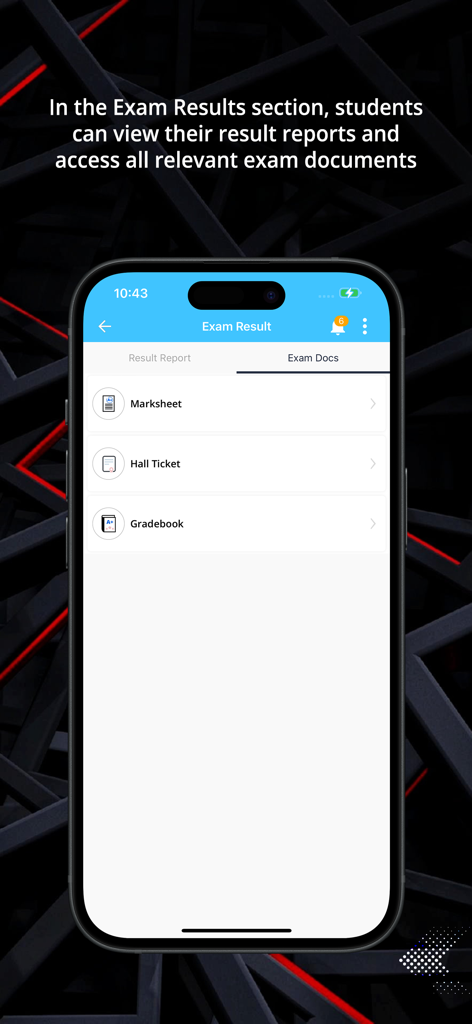 Academia @ IIT - IIT 아카데미아 모바일 앱 인터페이스. 성적표, 수험표, 성적부 옵션이 있는 시험 결과 섹션을 표시합니다.