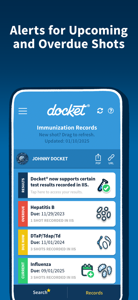 Docket app screen showing overdue and upcoming vaccination alerts for immunization records