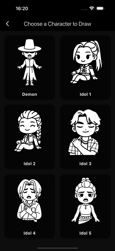 Pantalla de selección que muestra varios idols K-Pop estilo chibi para elegir dibujar