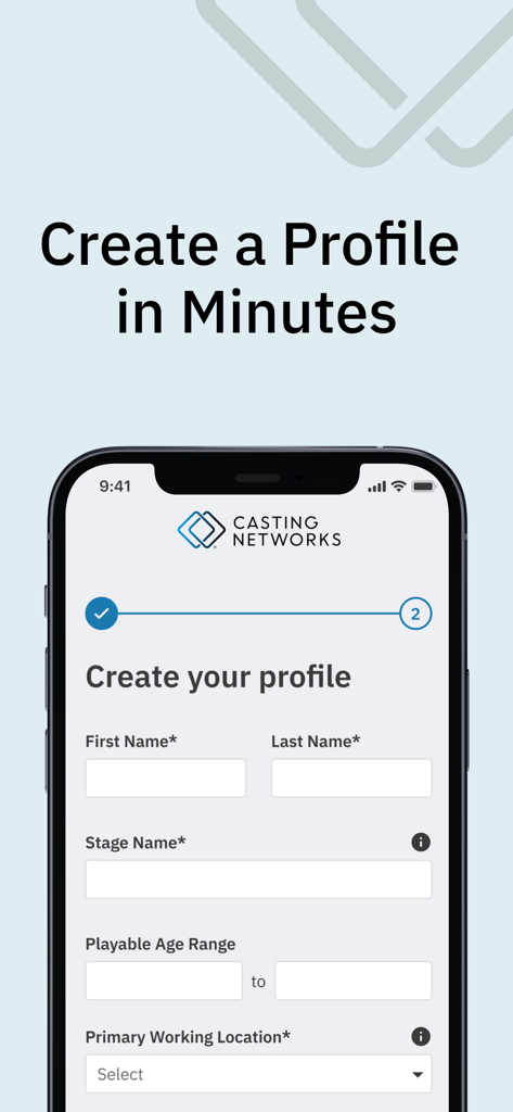 Casting Networks - Casting Networks mobile app interface for creating an actor profile