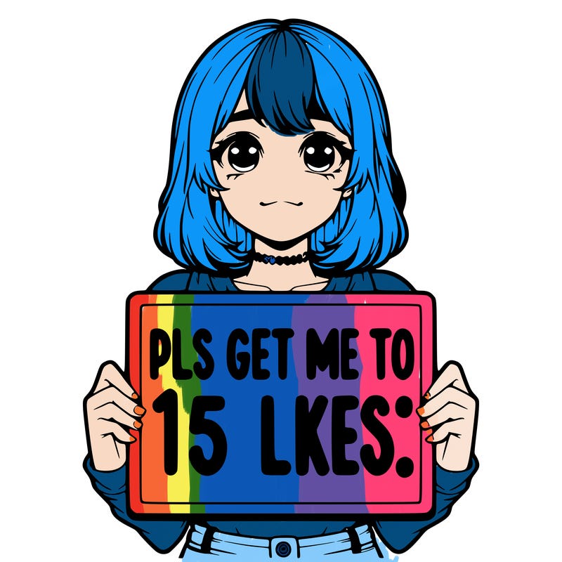 realistic girl holding up a sign that says “pls get me to 15 likes!”
