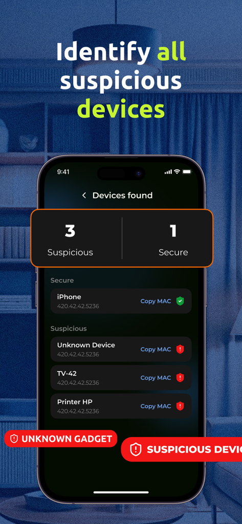 Dot: Wifi Analyzer & Scanner - Screenshot der Dot WLAN-Analyse-App, die verdächtige Geräte in einem Netzwerksuchlauf identifiziert