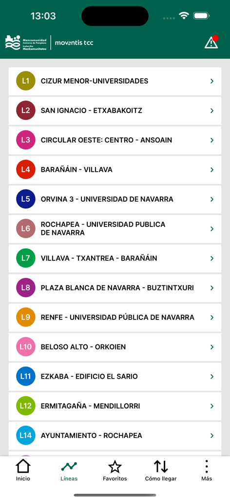Lista de líneas y rutas de autobús en la aplicación móvil Tu Villavesa Pamplona