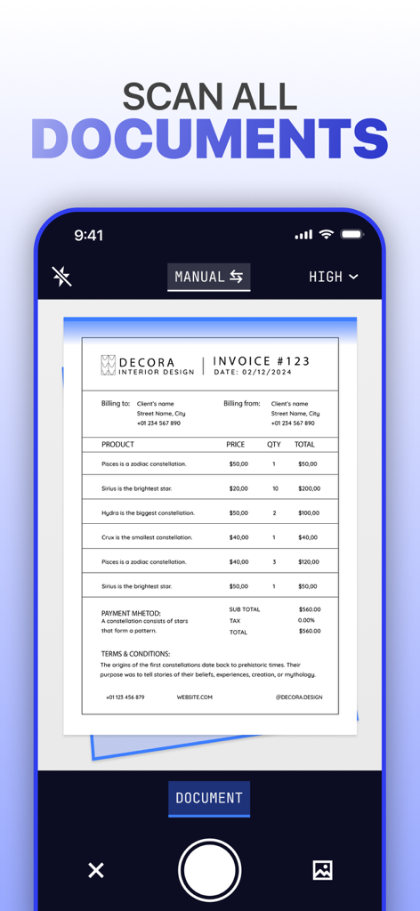 A smartphone screen showing the PDF Scanner App interface scanning a business invoice document.