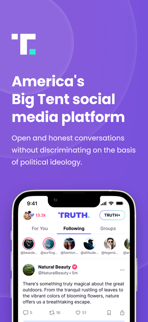 Truth Social - Interfaz de la aplicación Truth Social que muestra el eslogan de la plataforma de redes sociales Big Tent y el feed móvil
