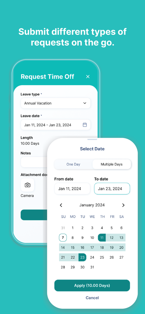 ZenHR - ZenHR mobile app interface for submitting leave and vacation requests with a calendar selector