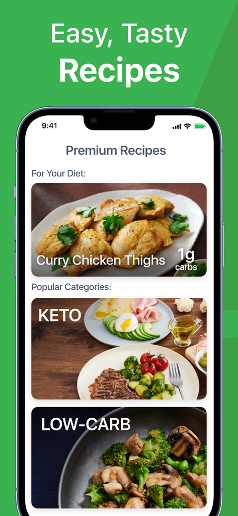 Keto Diet App - Carb Genius - A display of premium keto and low carb recipes within the Carb Genius app featuring curry chicken thighs