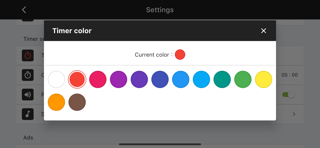 Timer color selection menu in the Jiu-Jitsu Scoreboard app