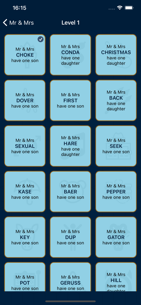 Dingbats - Between the lines - A screen from the Dingbats app showing a grid of Mr and Mrs word puzzle riddles for level one