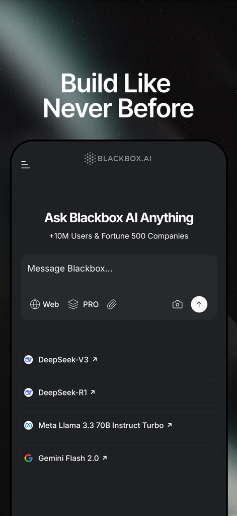 BLACKBOXAI 앱의 메인 채팅 인터페이스에서 DeepSeek, Meta Llama, Gemini와 같은 다양한 AI 모델과 상호 작용하는 옵션을 보여줍니다.