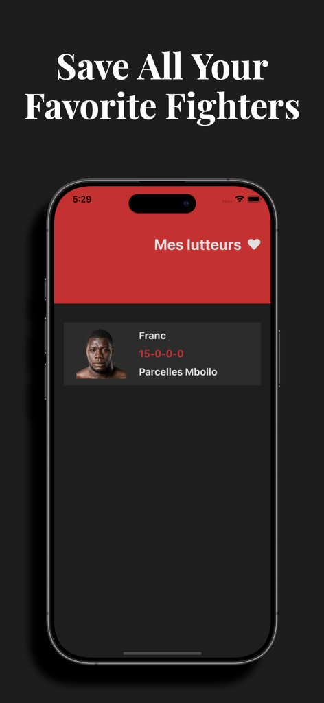 Lamb Arena - A mobile screen from the Lamb Arena app titled Save All Your Favorite Fighters showing a list of saved Senegalese wrestlers with their stats and academy information.