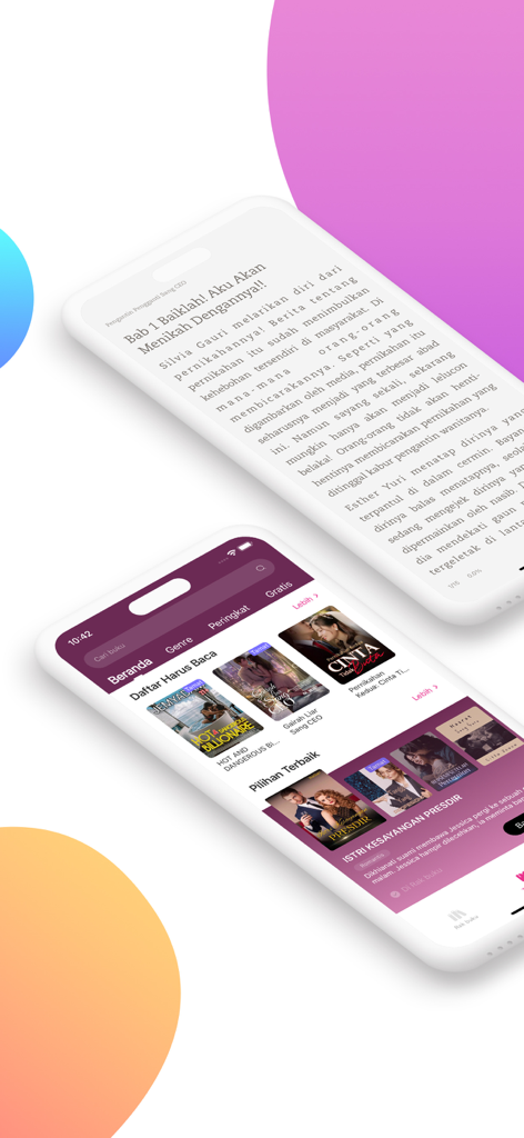 Pobaca-Ambil Nafasku Pergi - Two smartphones displaying the Pobaca app interface with a library of Indonesian romance novels and an open reading page