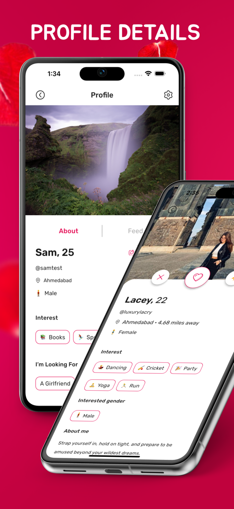 Krushley: AI Dating - Krushley AI Dating app interface showing detailed user profiles with interests and bios