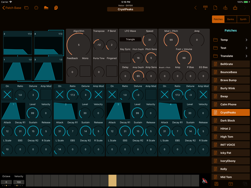 Patch Base app interface showing professional synthesizer parameter controls and patch library for the Yamaha DX100