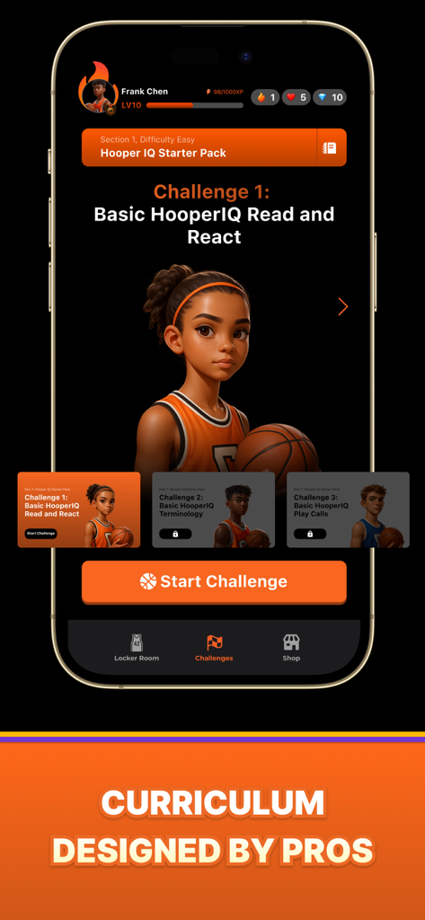HooperIQ: Learn Basketball - HooperIQ mobile app interface showing a basketball IQ training challenge titled Basic Read and React featuring a female athlete avatar.