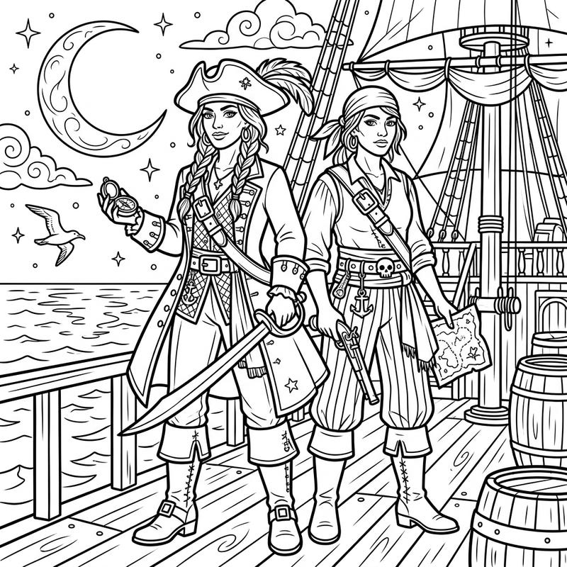 Join two adventurous female pirates on a thrilling night-time journey across the high seas. This captivating coloring page brings the mystery of a moonlit pirate expedition to life for you to color.