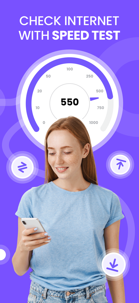 Purple - WiFi Map - A woman using the Purple WiFi app to perform an internet speed test showing 550 Mbps