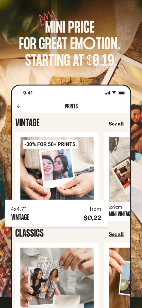 Lalalab mobile app interface showing vintage and classic photo print options with pricing