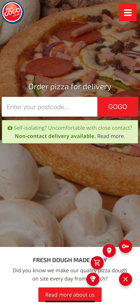 Pizza GoGo: Food Delivery - The home screen of the Pizza GoGo food delivery app featuring an order field and a fresh dough notice.