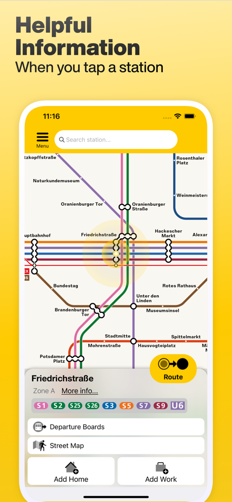 ベルリン地下鉄アプリの詳細な駅情報と交通マップを表示するスクリーンショット
