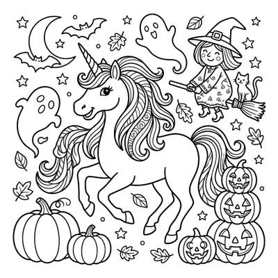 Unleash your creativity with this enchanting Halloween coloring page, featuring a magnificent golden unicorn amidst spooky-fun elements. Perfect for adults and teens, it blends magical creatures with festive holiday charm.