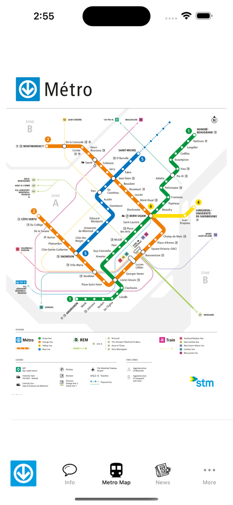 Mapa completo sin conexión del Metro de Montreal que muestra todas las líneas de metro y puntos de transbordo.