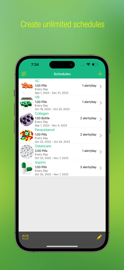 Pill Alert Pro - Une liste des schémas posologiques des médicaments dans l'application Pill Alert Pro, affichant les images des pilules et les dosages.