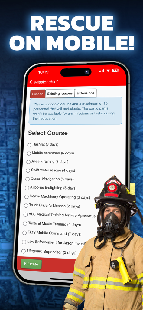 Mission Chief Fire Fighter 911 - Mission Chief app interface showing a selection menu for emergency responder training courses with a firefighter in full gear.