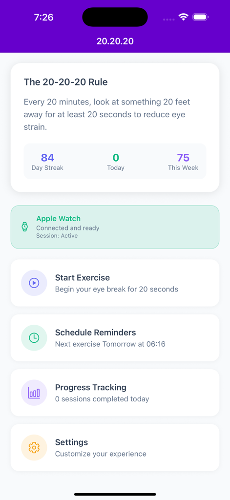 20.20.20: Eye Care & Tracker - Dashboard dell'app 20.20.20 per la cura degli occhi che mostra statistiche sulla serie di successi e opzioni di esercizi