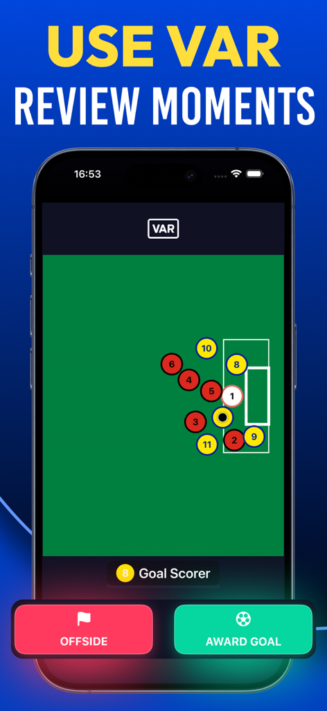 Referee Simulator : Soccer - Una pantalla de juego de Referee Simulator Soccer que muestra una revisión VAR en 2D de un gol con botones para señalar fuera de juego o conceder el gol.