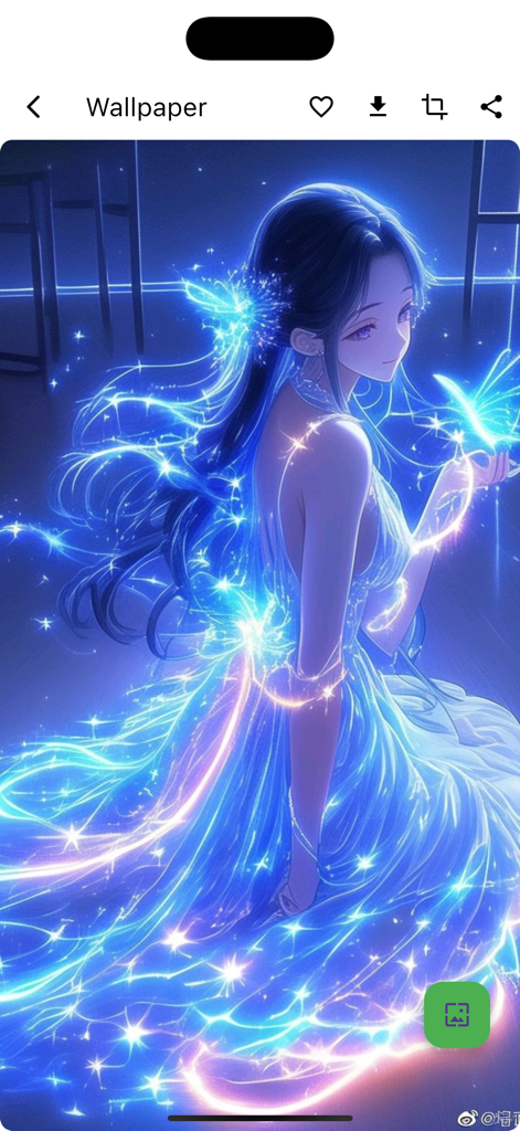 Glitter Live Wallpapers - A glowing anime girl in a shimmering blue dress with sparkling stars and a butterfly.