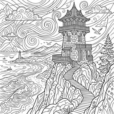 Perched dramatically on rugged cliffs, this observation tower coloring page invites you to explore breathtaking coastal views. Unleash your creativity on a scene featuring a vast ocean, distant mountains, and swirling skies.