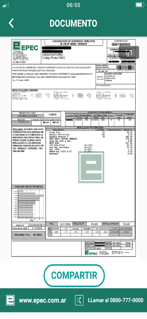 Epec Móvil - Digital electricity bill showing consumption data and payment details in the Epec Movil app.
